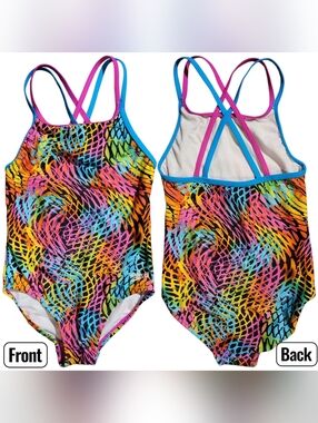 Girls Speedo Rainbow & Black Cross Back Size 8 One Piece